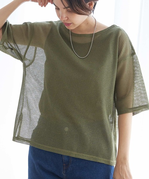 ikka（イッカ）の「【2点セット】メッシュレイヤードアンサンブル（Tシャツ/カットソー・レディース・ダークグリーン/オフホワイト/ブラック・L/M/S）」の4枚目の写真