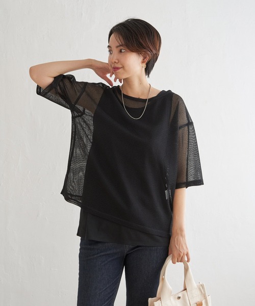 ikka（イッカ）の「【2点セット】メッシュレイヤードアンサンブル（Tシャツ/カットソー・レディース・ダークグリーン/オフホワイト/ブラック・L/M/S）」の8枚目の写真