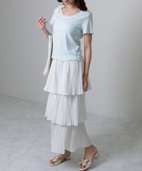 tシャツ FRILL RIBBON TEE/フリルリボンTシャツ レディース セール】襟フリル Tシャツ（Tシャツ/カットソー）｜chil2