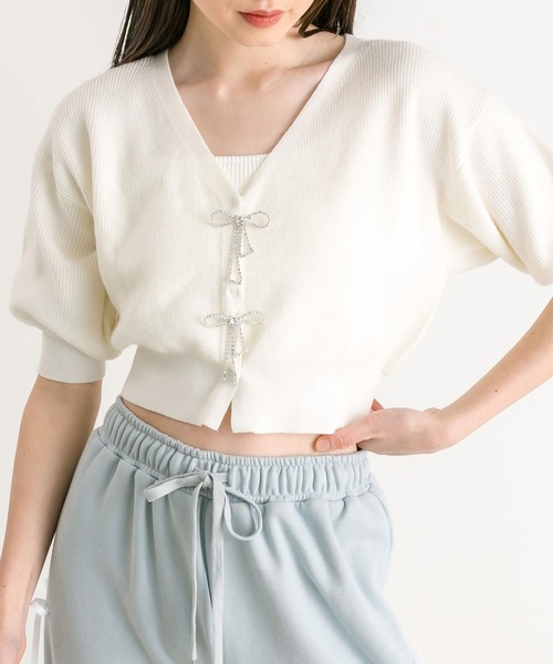 OLIVE des OLIVE(オリーブデオリーブ)の「リボンビジュー付カーディガン(カーディガン/ボレロ・レディース・ミント/サックスブルー/オフホワイト/ブラック・FREE)」の16枚目の写真