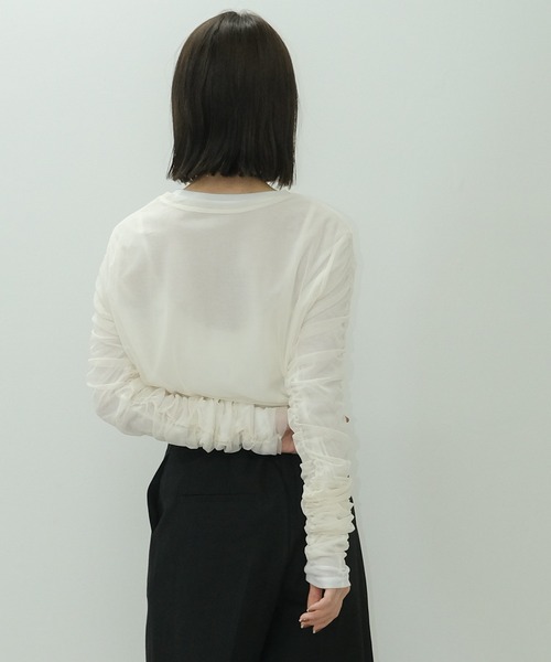HEILIS(ヘイリス)の「チュールレイヤードシアーリブ長袖カットソー / 2枚セット ロンT シアートップス シアーカットソー 秋服 春服 透け感 オケージョン(Tシャツ/カットソー・レディース・ブラック/オフホワイト/ライトグレー・FREE)」の5枚目の写真