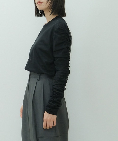 HEILIS(ヘイリス)の「チュールレイヤードシアーリブ長袖カットソー / 2枚セット ロンT シアートップス シアーカットソー 秋服 春服 透け感 オケージョン(Tシャツ/カットソー・レディース・ブラック/オフホワイト/ライトグレー・FREE)」の9枚目の写真