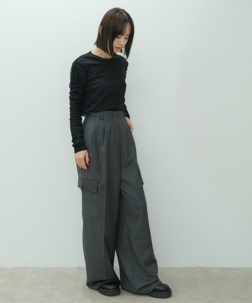 HEILIS(ヘイリス)の「チュールレイヤードシアーリブ長袖カットソー / 2枚セット ロンT シアートップス シアーカットソー 秋服 春服 透け感 オケージョン(Tシャツ/カットソー・レディース・ブラック/オフホワイト/ライトグレー・FREE)」の12枚目の写真