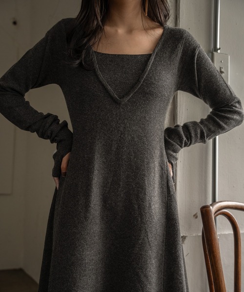 mideal（マイディール）の「lady knit onepiece / レディーニットワンピース（ワンピース・レディース・チャコールグレー/ベージュ・FREE）」の8枚目の写真