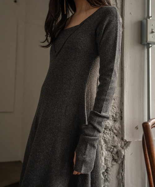 mideal（マイディール）の「lady knit onepiece / レディーニットワンピース（ワンピース・レディース・チャコールグレー/ベージュ・FREE）」の4枚目の写真