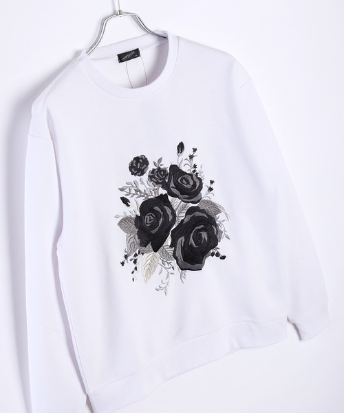 WESTSEA（ウエストシー）の「ストレッチ裏起毛 薔薇柄 バラ刺繍長袖トレーナー（スウェット・メンズ・ブラック系その他/ブラック/ホワイト・L/M）」の6枚目の写真