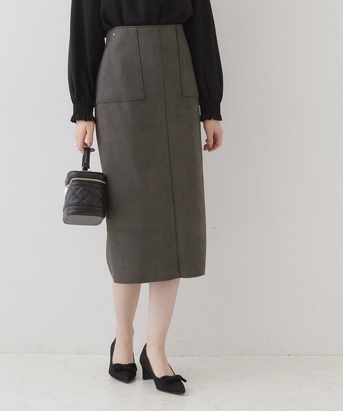 couture brooch（クチュールブローチ）の「◆【理想的な縦ライン・美脚効果】フェイクスエードダンボールスカート（スカート・レディース・ピンク系その他/チャコールグレー/ライトグレー・36/38/40/42）」の2枚目の写真