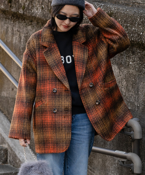 VENCEEXCHANGE（ヴァンスエクスチェンジ）の「チェックミドル丈ジャケット（テーラードジャケット・レディース・ブラウン/ブラック・M）」の2枚目の写真