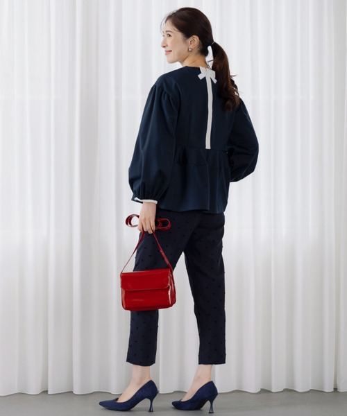 sonoサテンティアードフレアブラウス白襟ネイビーバックリボンポタリー黒2点 sonoサテンティアードフレアブラウス白襟ネイビー