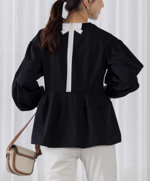 sonoサテンティアードフレアブラウス白襟ネイビーバックリボンポタリー黒2点 sonoサテンティアードフレアブラウス白襟ネイビーバックリボンポタリー