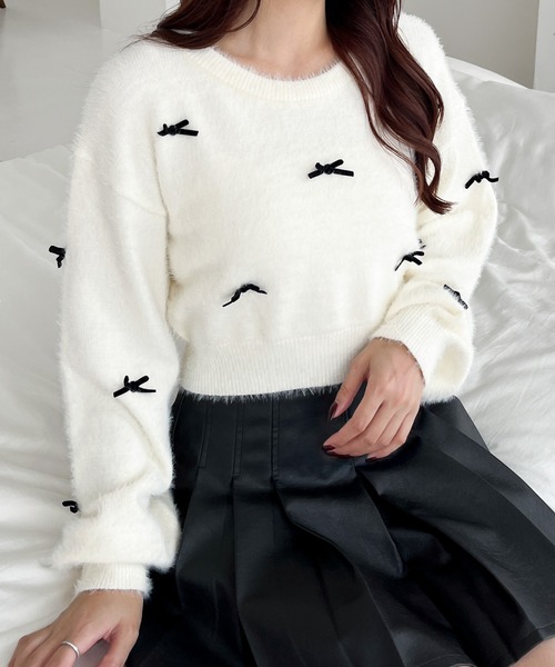 Heather(ヘザー)の「シャギーモチーフニット 202401(ニット/セーター・レディース・オフホワイト/ブラック/ホワイト系その他・FREE)」の1枚目の写真