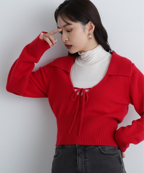 N.(N. Natural Beauty Basic)(エヌエヌナチュラルビューティーベーシック)の「◆フロントリボン襟付きニット(ニット/セーター・レディース・レッド/チャコールグレー/グレー・MEDIUM)」の3枚目の写真