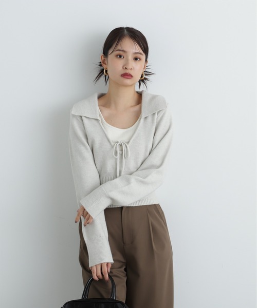 N.(N. Natural Beauty Basic)(エヌエヌナチュラルビューティーベーシック)の「◆フロントリボン襟付きニット(ニット/セーター・レディース・レッド/チャコールグレー/グレー・MEDIUM)」の9枚目の写真