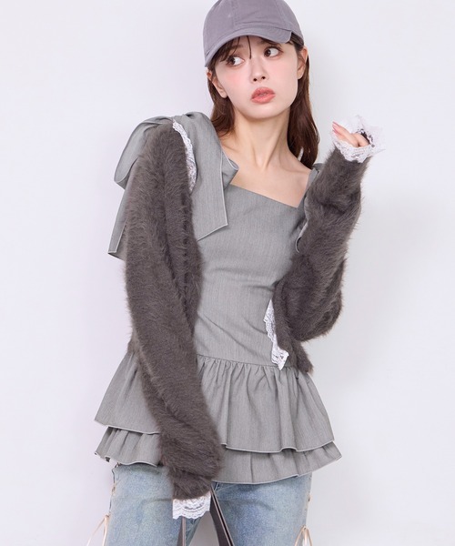 one after another NICE CLAUP（ワンアフターアナザーナイスクラップ）の「バレエコア肩リボンチュニック（シャツ/ブラウス・レディース・ブラウン/杢グレー/オフホワイト・FREE）」の3枚目の写真