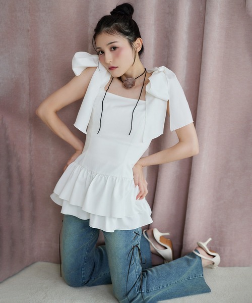 one after another NICE CLAUP（ワンアフターアナザーナイスクラップ）の「バレエコア肩リボンチュニック（シャツ/ブラウス・レディース・ブラウン/杢グレー/オフホワイト・FREE）」の14枚目の写真