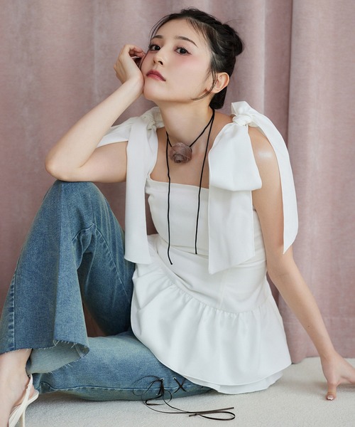 one after another NICE CLAUP（ワンアフターアナザーナイスクラップ）の「バレエコア肩リボンチュニック（シャツ/ブラウス・レディース・ブラウン/杢グレー/オフホワイト・FREE）」の15枚目の写真