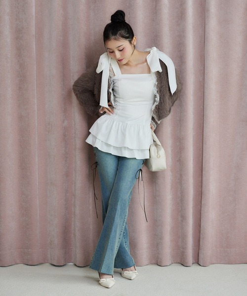 one after another NICE CLAUP（ワンアフターアナザーナイスクラップ）の「バレエコア肩リボンチュニック（シャツ/ブラウス・レディース・ブラウン/杢グレー/オフホワイト・FREE）」の7枚目の写真