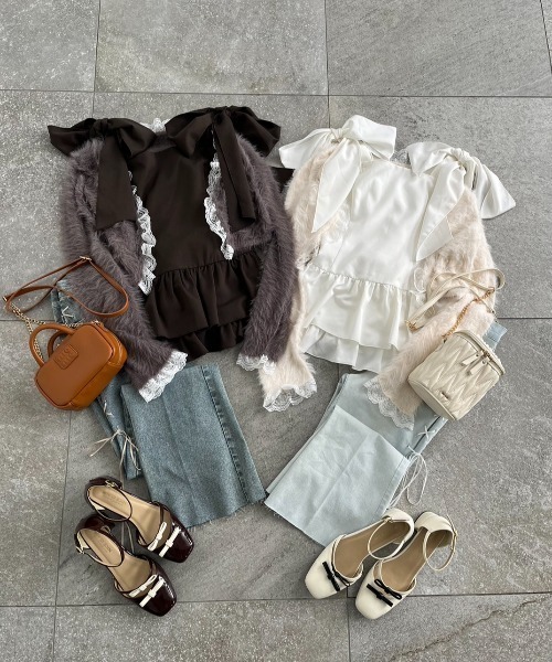 one after another NICE CLAUP（ワンアフターアナザーナイスクラップ）の「バレエコア肩リボンチュニック（シャツ/ブラウス・レディース・ブラウン/杢グレー/オフホワイト・FREE）」の12枚目の写真