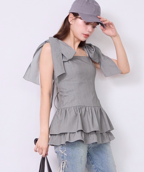 one after another NICE CLAUP（ワンアフターアナザーナイスクラップ）の「バレエコア肩リボンチュニック（シャツ/ブラウス・レディース・ブラウン/杢グレー/オフホワイト・FREE）」の21枚目の写真