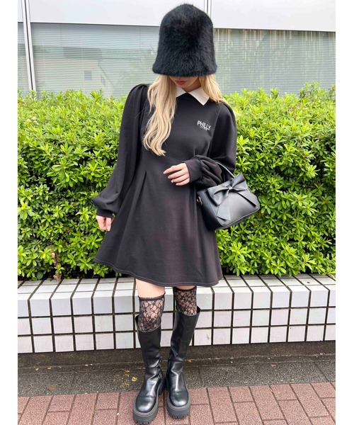 PHILLY（フィリー）の「【PHILLY】ウエストタック襟付きワンピース（ワンピース・レディース・グレー/ブラック・FREE）」の4枚目の写真