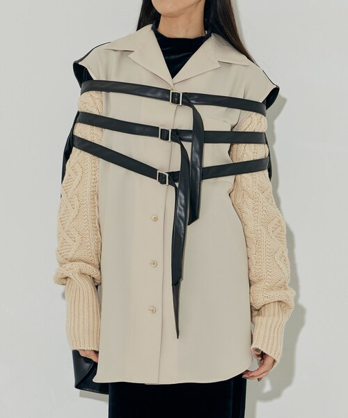 tanakadaisuke/タナカダイスケ】knit sleeve faux leather shirt