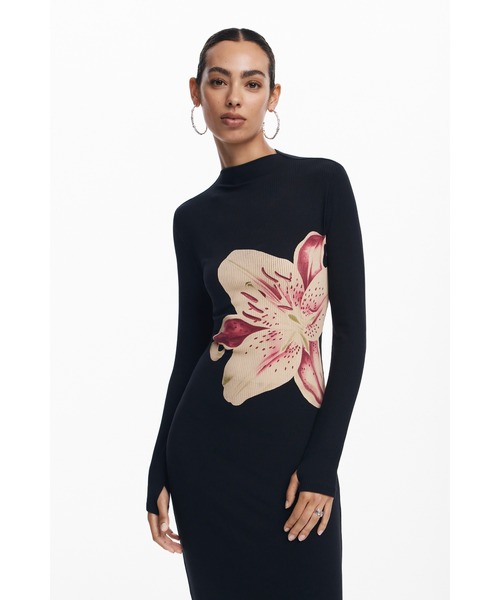 セール】リリーモチーフ ロングワンピース ブラック 結婚式 二次会