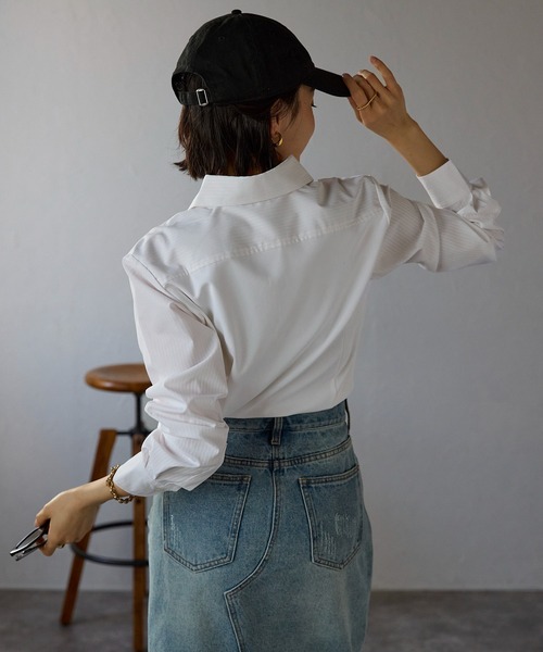 etre pret(エトレプレ)の「シャドーストライプ 長袖レギュラーカラーシャツ(ビジネスシャツ・レディース・ホワイト/ピンク/ブルー・9号/13号/5号/7号/15号/11号)」の15枚目の写真