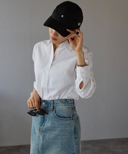 etre pret(エトレプレ)の「シャドーストライプ 長袖レギュラーカラーシャツ(ビジネスシャツ・レディース・ホワイト/ピンク/ブルー・9号/13号/5号/7号/15号/11号)」の14枚目の写真