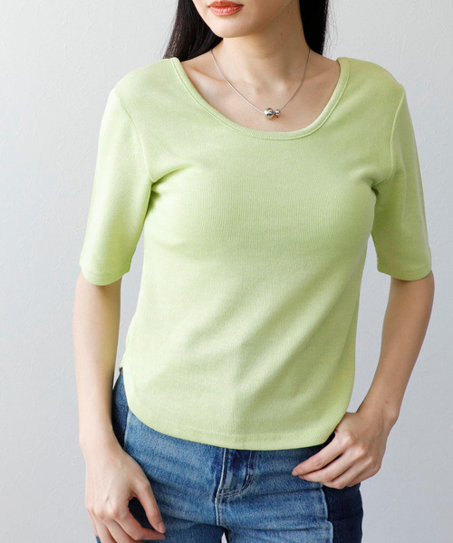 Three Four Time（ｽﾘｰﾌｫｰﾀｲﾑ）の「ラメテレコカップイン五分袖プルオーバー（Tシャツ/カットソー・レディース・ライム/ブラック/ブルーグレー/オフホワイト・FREE）」の4枚目の写真