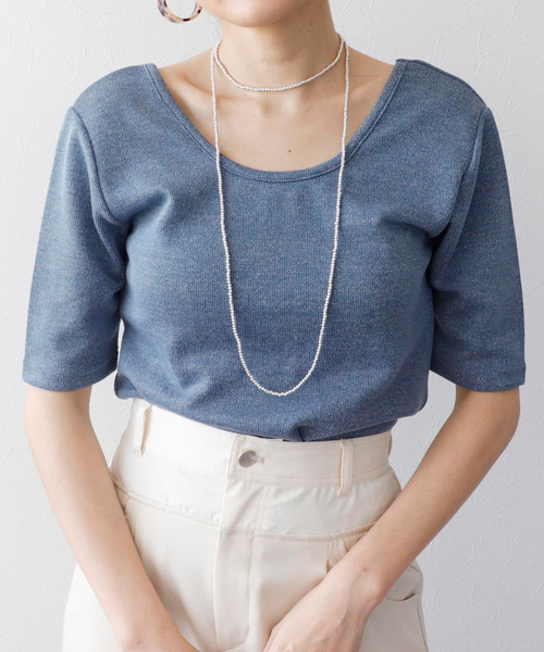 Three Four Time（ｽﾘｰﾌｫｰﾀｲﾑ）の「ラメテレコカップイン五分袖プルオーバー（Tシャツ/カットソー・レディース・ライム/ブラック/ブルーグレー/オフホワイト・FREE）」の3枚目の写真