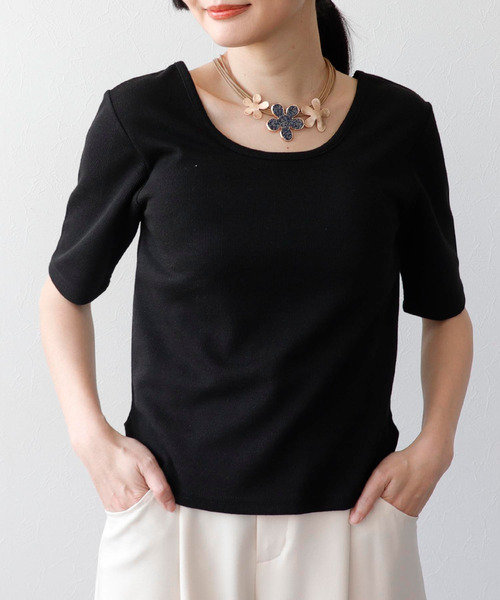 Three Four Time（ｽﾘｰﾌｫｰﾀｲﾑ）の「ラメテレコカップイン五分袖プルオーバー（Tシャツ/カットソー・レディース・ライム/ブラック/ブルーグレー/オフホワイト・FREE）」の2枚目の写真