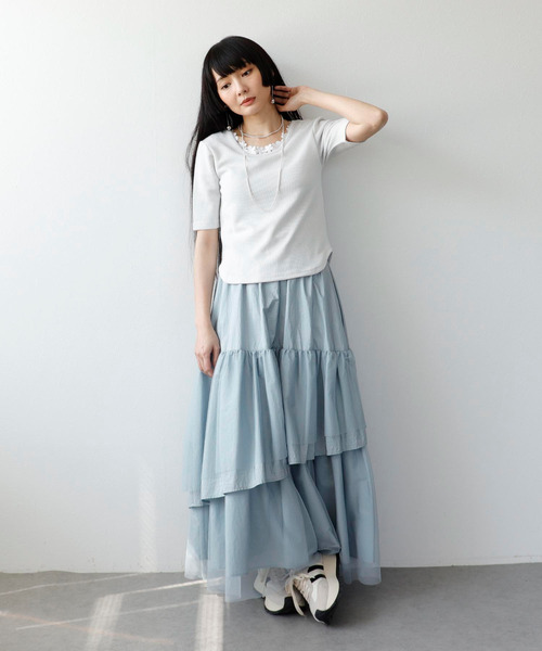 Three Four Time（ｽﾘｰﾌｫｰﾀｲﾑ）の「ラメテレコカップイン五分袖プルオーバー（Tシャツ/カットソー・レディース・ライム/ブラック/ブルーグレー/オフホワイト・FREE）」の9枚目の写真