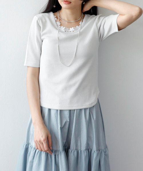 Three Four Time（ｽﾘｰﾌｫｰﾀｲﾑ）の「ラメテレコカップイン五分袖プルオーバー（Tシャツ/カットソー・レディース・ライム/ブラック/ブルーグレー/オフホワイト・FREE）」の10枚目の写真