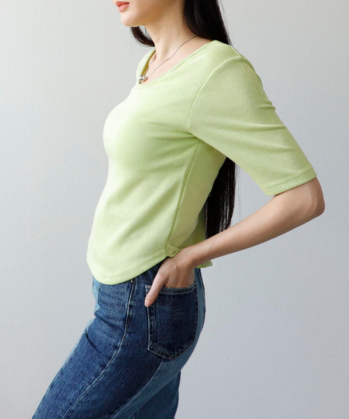 Three Four Time（ｽﾘｰﾌｫｰﾀｲﾑ）の「ラメテレコカップイン五分袖プルオーバー（Tシャツ/カットソー・レディース・ライム/ブラック/ブルーグレー/オフホワイト・FREE）」の13枚目の写真