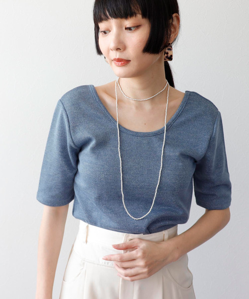 Three Four Time（ｽﾘｰﾌｫｰﾀｲﾑ）の「ラメテレコカップイン五分袖プルオーバー（Tシャツ/カットソー・レディース・ライム/ブラック/ブルーグレー/オフホワイト・FREE）」の15枚目の写真