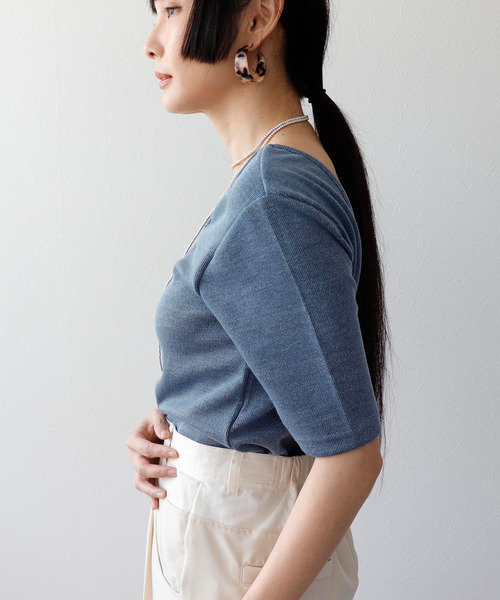 Three Four Time（ｽﾘｰﾌｫｰﾀｲﾑ）の「ラメテレコカップイン五分袖プルオーバー（Tシャツ/カットソー・レディース・ライム/ブラック/ブルーグレー/オフホワイト・FREE）」の16枚目の写真