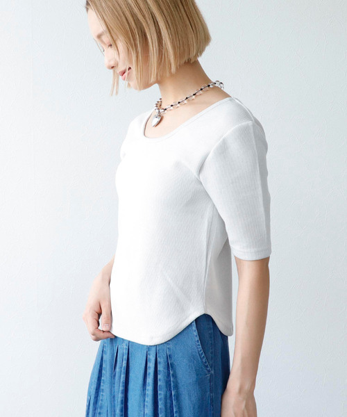 Three Four Time（ｽﾘｰﾌｫｰﾀｲﾑ）の「ラメテレコカップイン五分袖プルオーバー（Tシャツ/カットソー・レディース・ライム/ブラック/ブルーグレー/オフホワイト・FREE）」の6枚目の写真