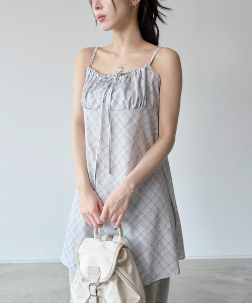 UNE MANSION（ユヌマンション）の「【肩紐調節可能】ボヘミアンリボンチェックミニワンピース（ワンピース・レディース・ブラック/スカイブルー・FREE）」の20枚目の写真
