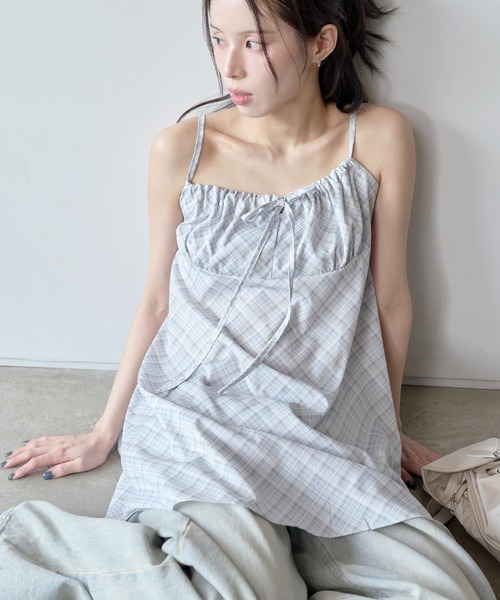 UNE MANSION（ユヌマンション）の「【肩紐調節可能】ボヘミアンリボンチェックキャミワンピース（キャミソール・レディース・ブラック/スカイブルー・FREE）」の22枚目の写真
