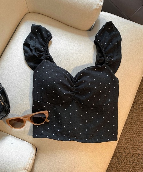 カップ付き】フリル ショルダー ドット 水玉模様 クロップド丈