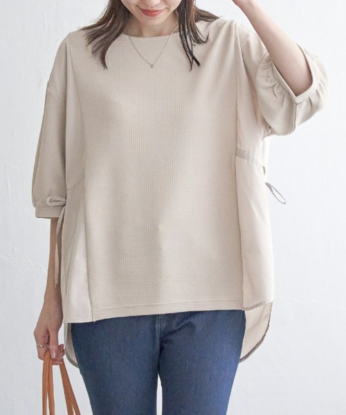 ikka（イッカ）の「異素材切り替えサイドリボンプルオーバー（Tシャツ/カットソー・レディース・ブラック/グリーン系その他/ネイビー/ベージュ・M/L/S）」の3枚目の写真