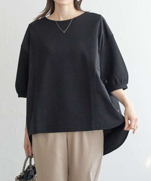 ikka（イッカ）の「異素材切り替えサイドリボンプルオーバー（Tシャツ/カットソー・レディース・ブラック/グリーン系その他/ネイビー/ベージュ・M/L/S）」の2枚目の写真