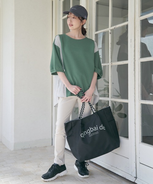 ikka（イッカ）の「異素材切り替えサイドリボンプルオーバー（Tシャツ/カットソー・レディース・ブラック/グリーン系その他/ネイビー/ベージュ・M/L/S）」の5枚目の写真