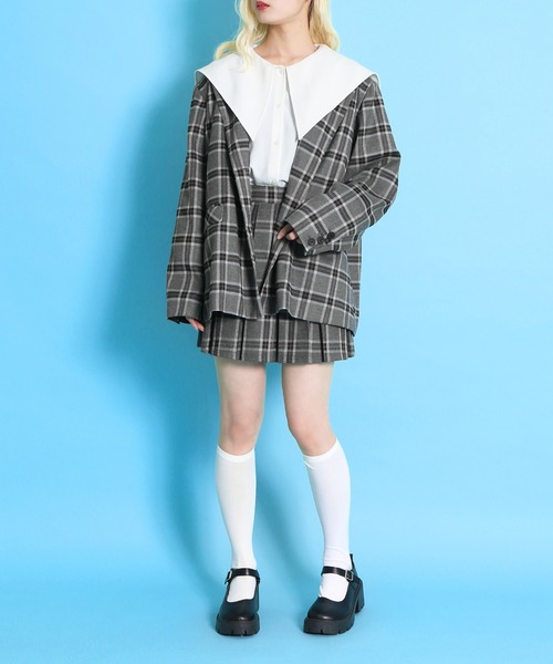 PUNYUS（プニュズ）の「チェックオーバーテーラードジャケット（テーラードジャケット・レディース・グレー/ベージュ・1/2/3/4）」の3枚目の写真