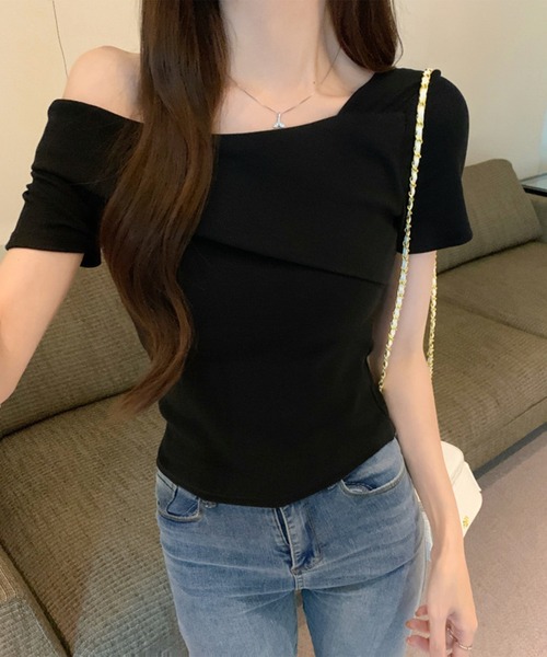Lace Ladies(レースレディース)の「ワンショルダー アシンメトリー 半袖 リブ Tシャツ(Tシャツ/カットソー・レディース・ベージュ/ホワイト/ブラック・M)」の4枚目の写真