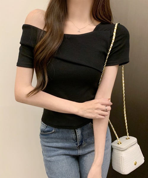 Lace Ladies(レースレディース)の「ワンショルダー アシンメトリー 半袖 リブ Tシャツ(Tシャツ/カットソー・レディース・ベージュ/ホワイト/ブラック・M)」の8枚目の写真