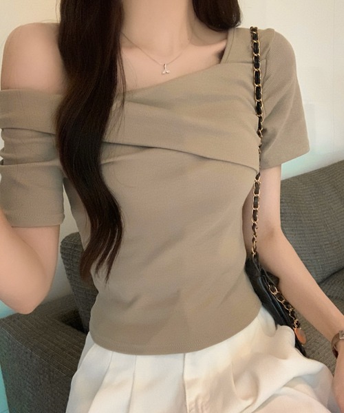 Lace Ladies(レースレディース)の「ワンショルダー アシンメトリー 半袖 リブ Tシャツ(Tシャツ/カットソー・レディース・ベージュ/ホワイト/ブラック・M)」の13枚目の写真