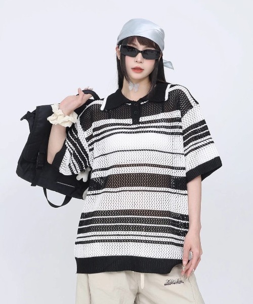 FreeZone(フリーゾーン)の「メッシュボーダー編みポロシャツ(Tシャツ/カットソー・メンズ・ミント/ホワイト・F)」の1枚目の写真