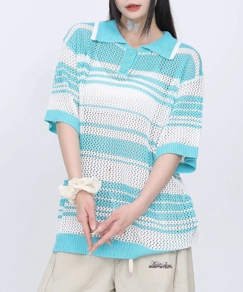 FreeZone(フリーゾーン)の「メッシュボーダー編みポロシャツ(Tシャツ/カットソー・メンズ・ミント/ホワイト・F)」の2枚目の写真