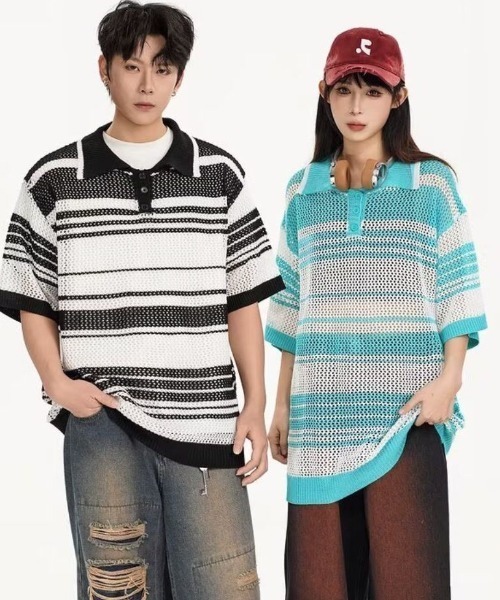 FreeZone(フリーゾーン)の「メッシュボーダー編みポロシャツ(Tシャツ/カットソー・メンズ・ミント/ホワイト・F)」の8枚目の写真